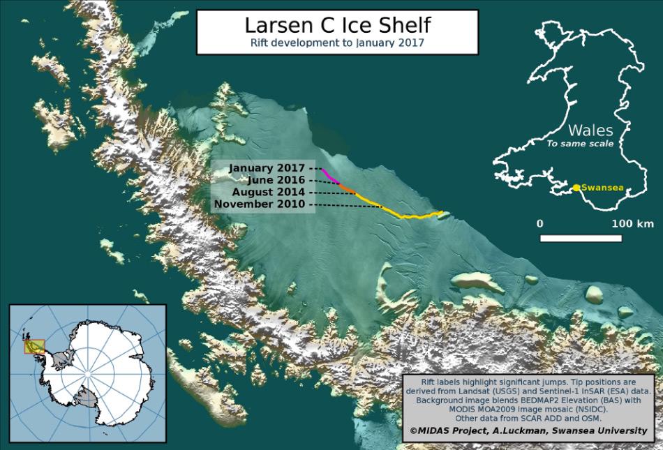 Die Karte zeigt das Larsen C Eisschelf und den zeitlichen Verlauf des Risses, der eventuell zum Abbruch eines Eisberges führen wird, der etwa 5‘000 km2 Fläche aufweisen wird. Dies entspricht etwa der Grösse des Kantons Wallis. Bild: A Luckman, Swansea University