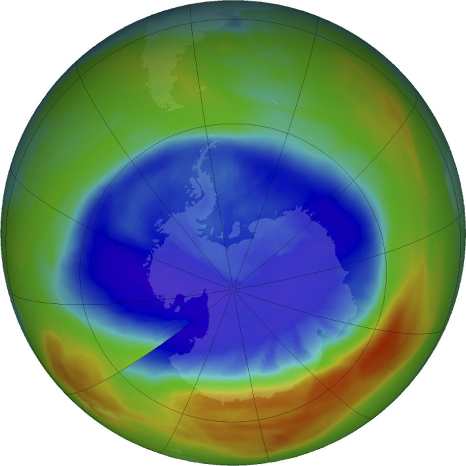 Satellitenmessungen von 2017 zeigten, dass das Ozonloch Ã¼ber der Antarktis im September das kleinste seit 1988 war. WÃ¤hrend der grÃ¶ssten Ausdehnung am 11. September 2017 erstreckte sich das Ozonloch dennoch Ã¼ber eine FlÃ¤che, die fast zweieinhalbmal so groÃ war wie die USA. Violett- und BlautÃ¶ne zeigen Bereiche mit den niedrigsten Ozonkonzentrationen. (Quelle: NASA / NASA Ozone Watch / Katy Mersmann)