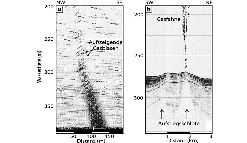 Die Echogramme zeigen eine Gasfahne in der WassersÃ¤ule (links) und Aufstiegsschlote, die das Methan im Meeresboden kanalisieren (rechts).