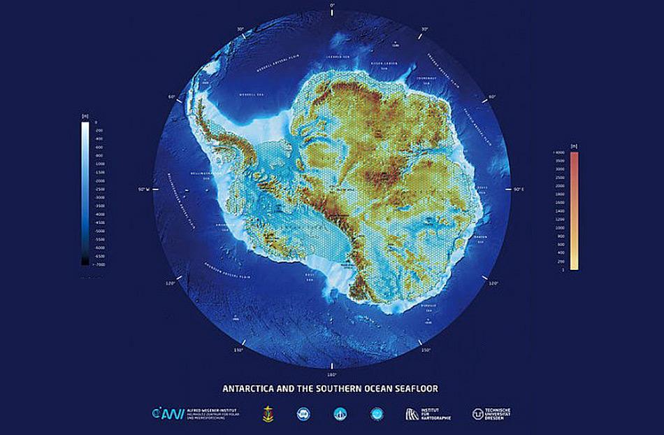 3D-Karte des Antarktischen Kontinents und des umgebenden SÃ¼dpolarmeers. Foto: Lars Radig