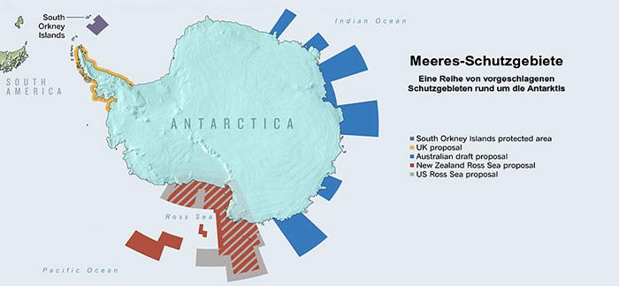 So sollen die Schutzgebiete rund um die Antarktis aussehen, wenn es nach den WÃ¼nschen der Wissenschaftler geht.