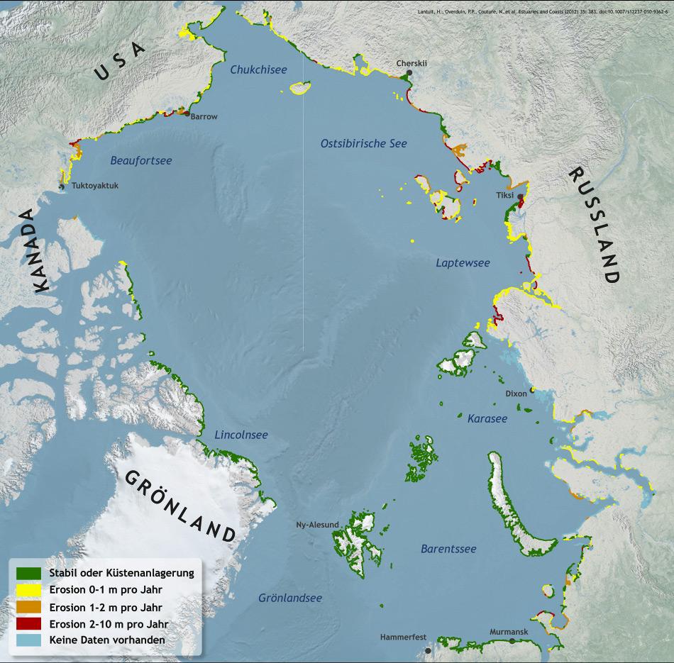 Karte zum Ausmaß der Erosion von Permafrost-Küsten in der Arktis. Erstmals veröffentlicht wurde diese Karte im Fachartikel: H. Lantuit et al (2011): The Arctic Coastal Dynamics Database: A New Classification Scheme and Statistics on Arctic Permafrost Coastlines, Estuaries and Coasts, DOI: 10.1007/s12237-010-9362-6