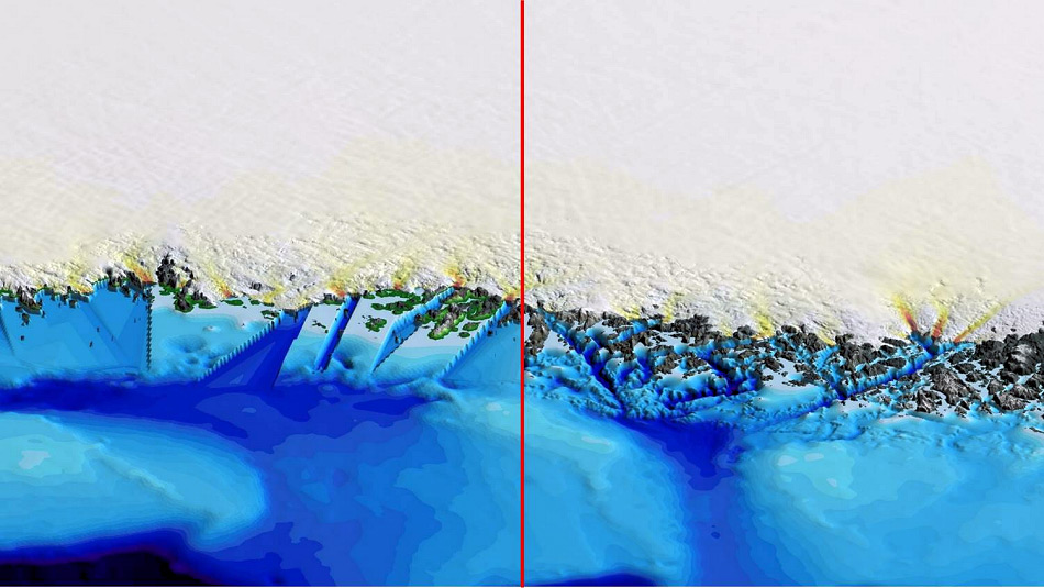 Die grönländische Topographie im Farbcode von 1‘500 m unter dem Meer (dunkelblau) bis 1‘500 ü. M. (braun). Rechts: Gebiete, die mit dem Meeresboden verbunden sind in verschiedenen Tiefen (pink – dunkelrot). Bild NASA