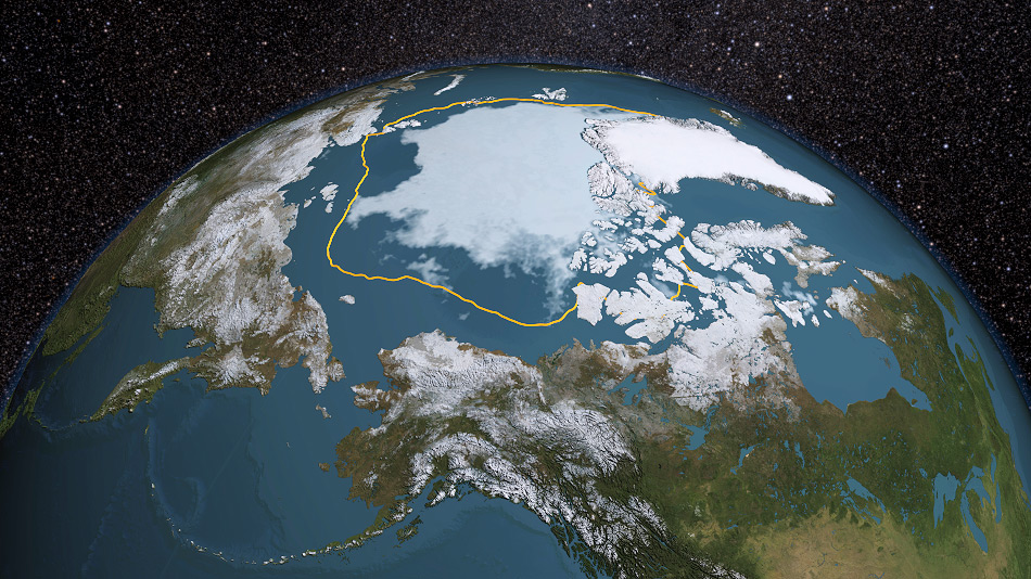 Die Ausdehnung des arktischen Meereises hat seit Beginn dieses Jahrhunderts immer weiter abgenommen. Die kleinste Ausdehnung wurde 2012 mit weniger als 4 Millionen km2 erreicht. Zum Vergleich: Der Ozean gilt als eisfrei bei einer Ausdehnung, die weniger als 1 Million km2 beträgt. Bild: NASA