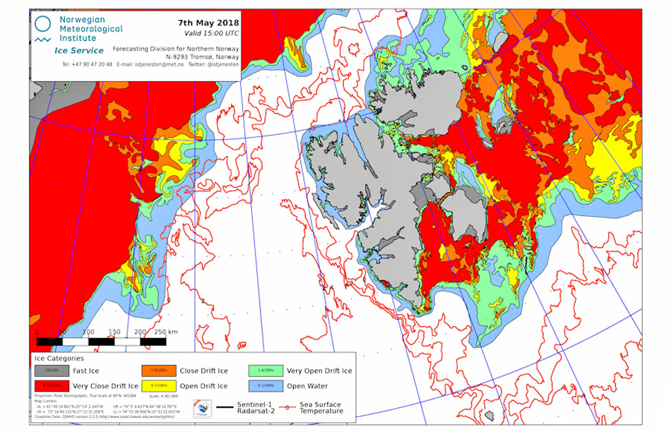 Die Eiskarte aus dem Gebiet um Svalbard zeigt deutlich, dass der nÃ¶rdliche Teil bis zur Ostkante von Nordauslandet am 7. Mai komplett eisfrei war. Der grÃ¶sste Teil des Eises ist weggeschmolzen oder nach Norden gedriftet. Karte: Norwegian Ice Service