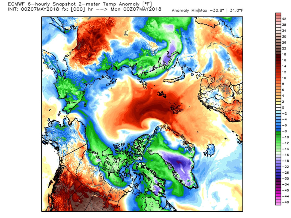 Die Karte der Temperaturanomalien zeigt einen klaren Warmluftvorstoss in die Region des Nordpols von Europa aus. Die kalte Luft, die normalerweise Ã¼ber der Region liegt, wurde zur Seite gedrÃ¼ckt und liegt Ã¼ber der russischen NordkÃ¼ste und der Mitte GrÃ¶nlands. Die Konsequenzen dieses Einbruches werden sich erst spÃ¤ter zeigen. Karte: WeatherBell.com