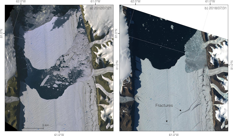 Die Satellitenaufnahmen zeigen links den Eisberg 2012, rechts die neuen Risse in der nach vorne geschobenen Gletscherzunge. Bild: NASA / Sentinel-2