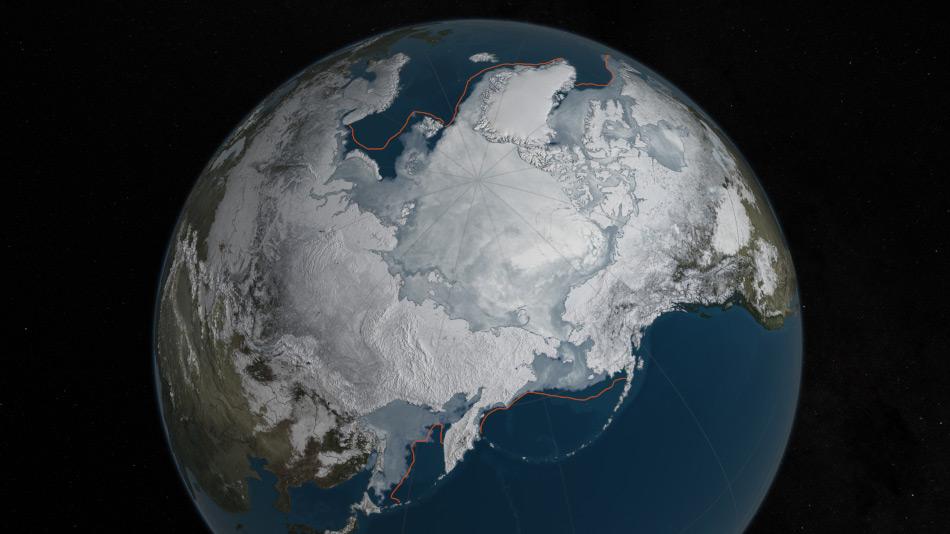 Das arktische Meereis hat in diesem Winter seine kleinste Ausdehnung erreicht, zum zweiten Mal in Folge. Mit den gemessenen 14.52 Millionen Quadratkilometer ist dies die kleinste Maximalausdehnung seit den Satellitenmessungen und rund 1.11 Millionen Quadratkilometer weniger als die durchschnittliche Maximalausdehnung (orange Linie), gemessen zwischen 1981 – 2010. Karte: NASA Goddard's Scientific Visualization Studio/C. Starr