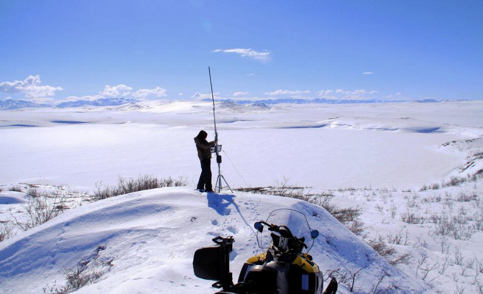 Dr. Benjamin Jones (USGS) liest Daten einer Timelapse-Kamera für die Eisbeobachtung am Ufer eines Thermokarstsees in Nord-Alaska aus. Bild: Guido Grosse